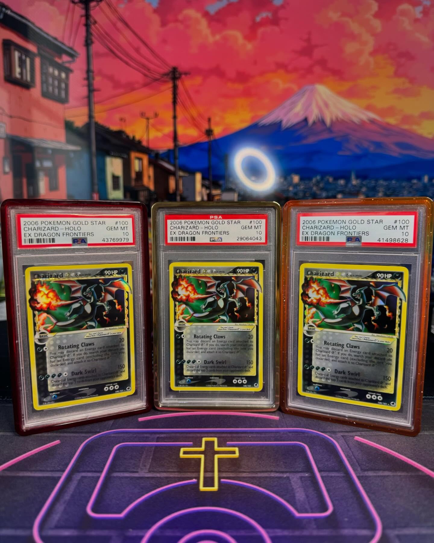 Three 2006 Gold Star Charizard PSA 10 cards from EX Dragon Frontiers