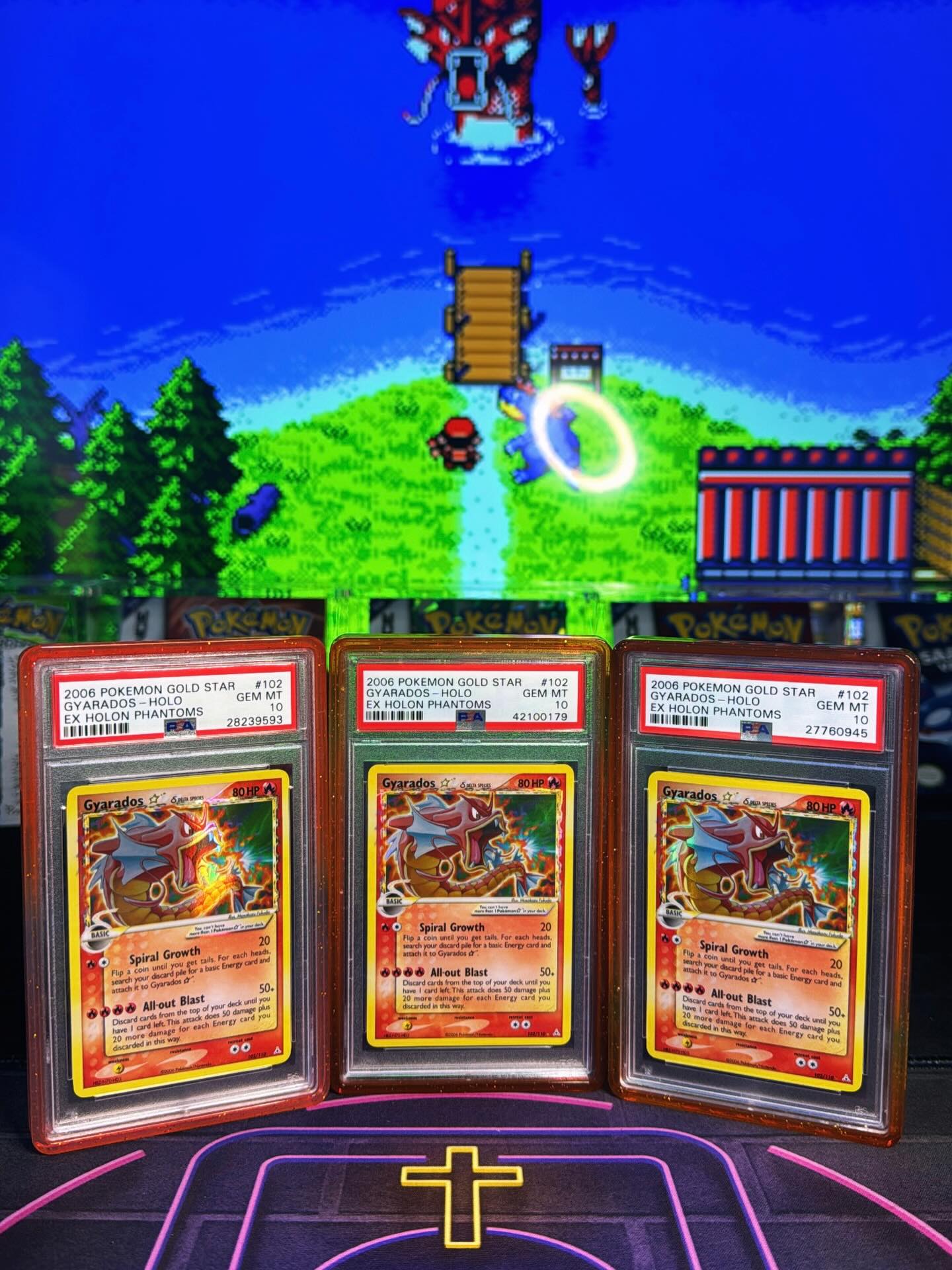Three 2006 Gold Star Gyarados PSA 10 cards from EX Holon Phantoms