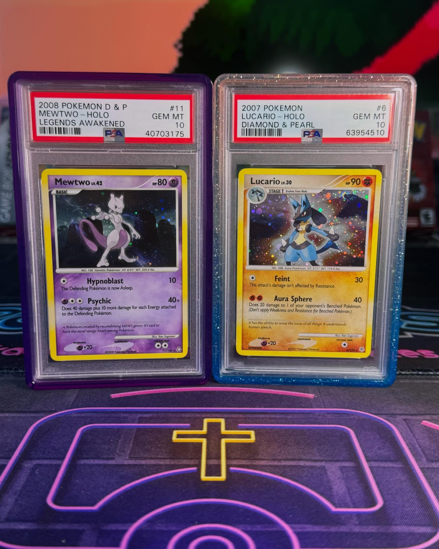 PSA 10 Mewtwo Legends Awakened and Lucario Diamond and Pearl holo cards